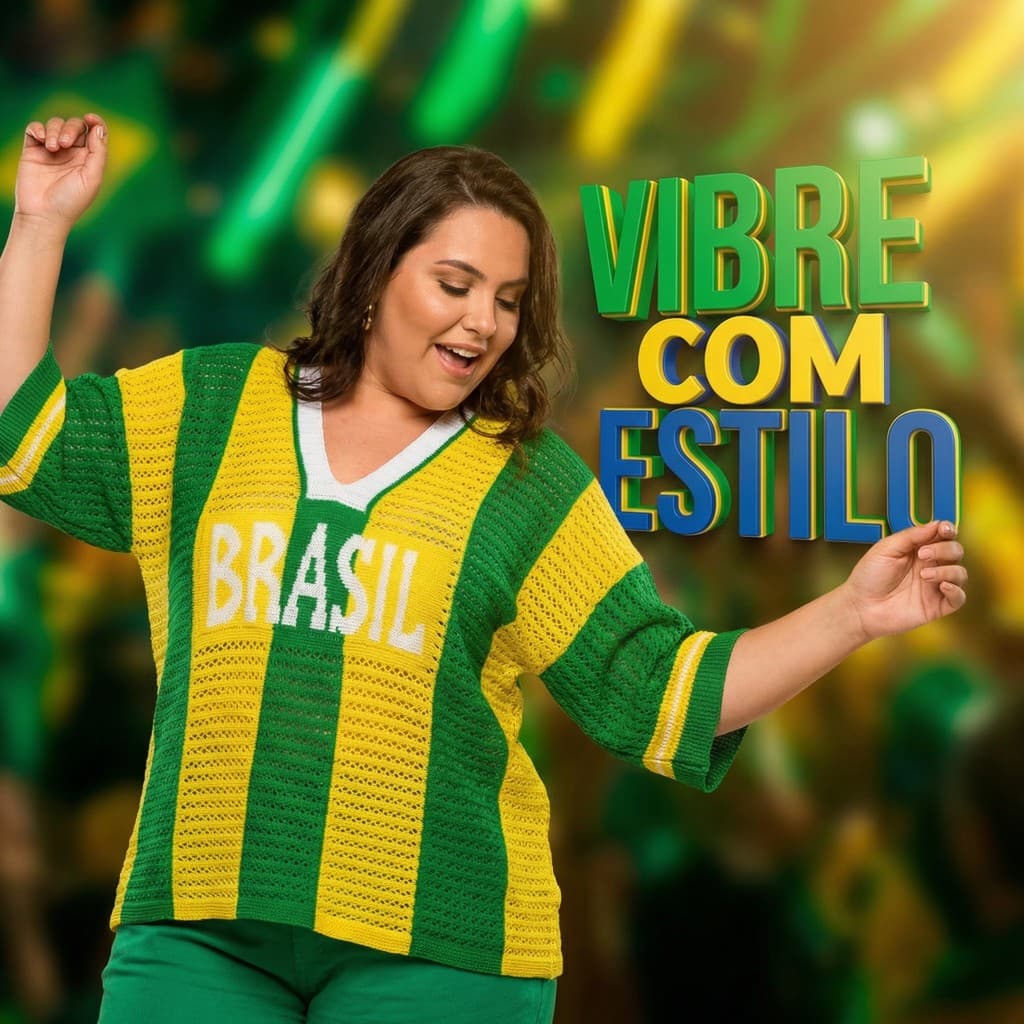 Blusa Feminina Tricot Premium Brasil Plus Size Copa do Mundo Decote V Estilosa