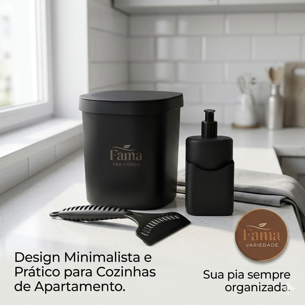 Conjunto de Pia 3 Peças Lixeira 3,5L + Dispenser Detergente + Rodinho Organizador Cozinha Prático