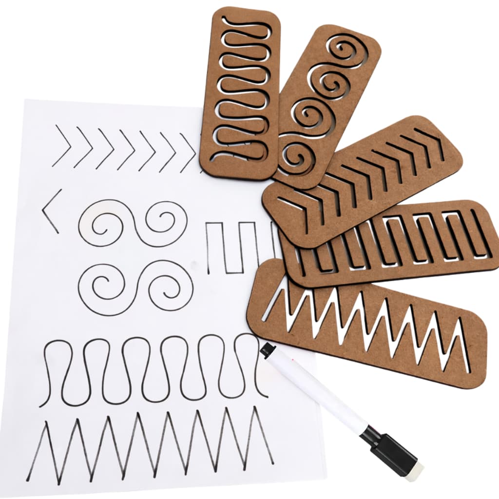 Kit 5 Placas Grafismo Madeira MDF Coordenação Motora Fina Treino Pré Escrita Traçado Linhas Vazadas Brinquedo Montessori