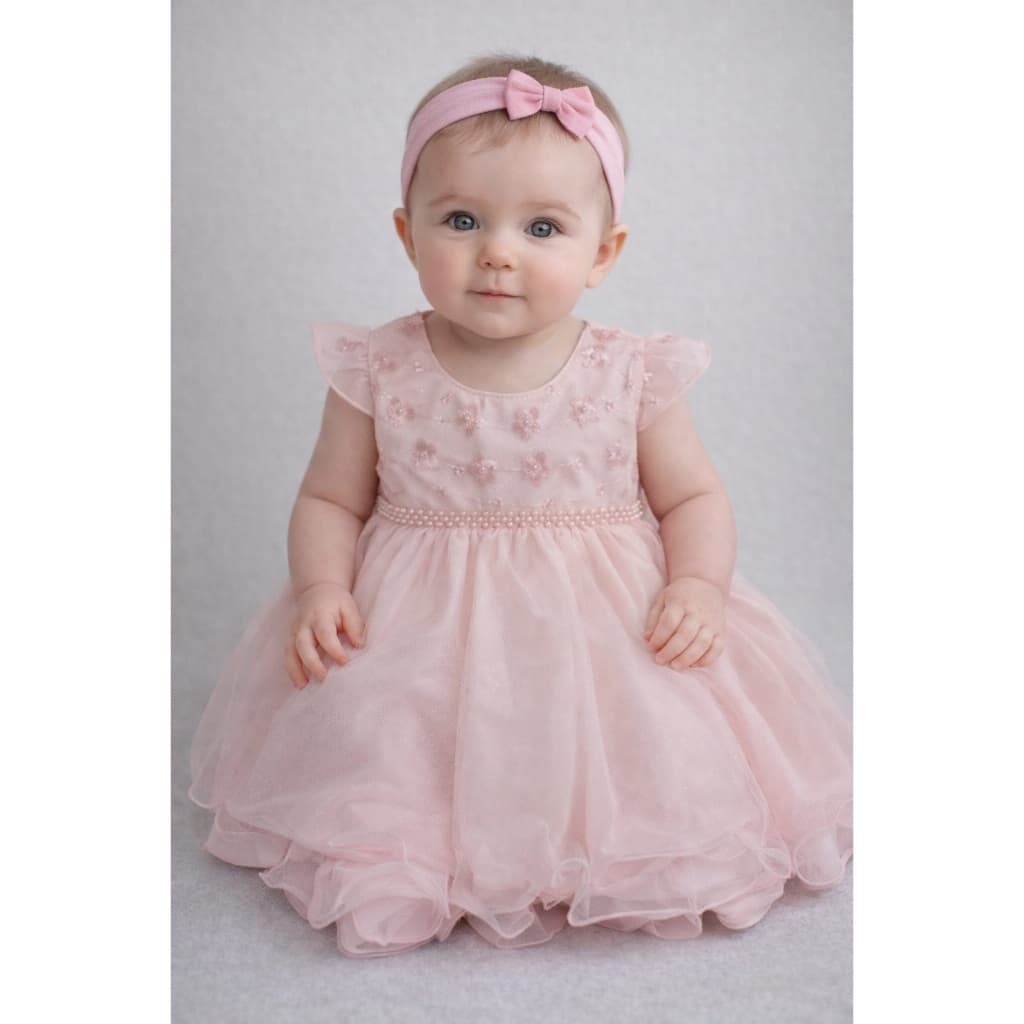 Vestido de festa bebê com bordados em manga curta 3 à 12 meses