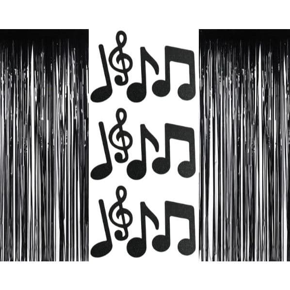 Kit Notas Musicais Decoração - 2 cortinas metalizadas + 19 notas musicais de e.v.a com glitter