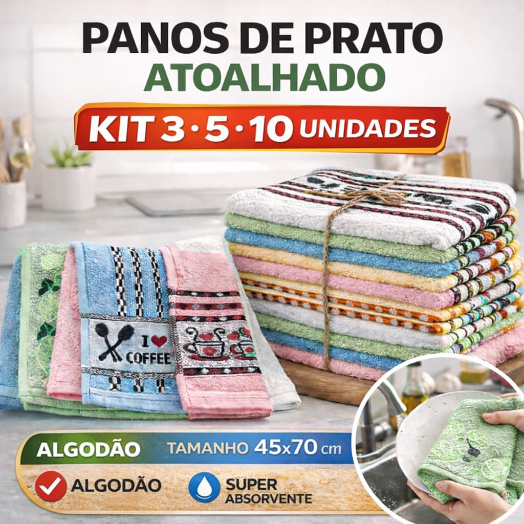 Kit 3 5 ou 10 Panos de Prato Atoalhados Algodão 45x70cm Pano de Copa Alta Absorção Cozinha Dia Mães
