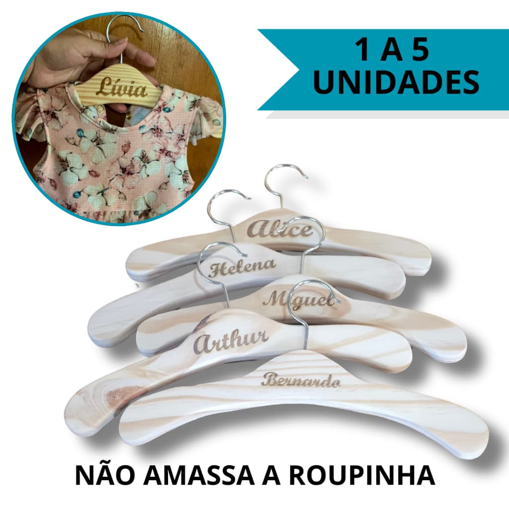 Cabide Infantil Personalizado a Laser | Nome do Bebê | Madeira Natural | 1 a 5 un