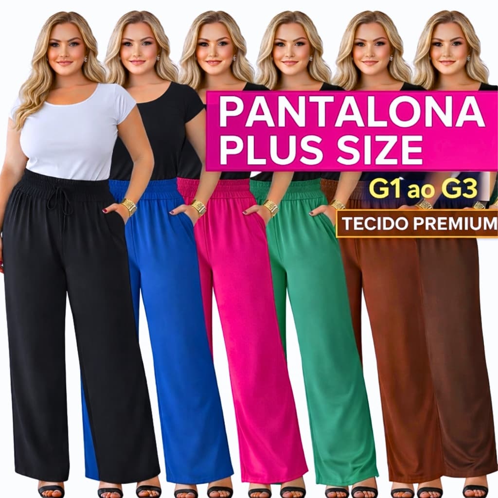 Calça Pantalona Plus Size Feminina G1 ao G3 Cintura Alta Bolso Funcional Tecido Duna Premium