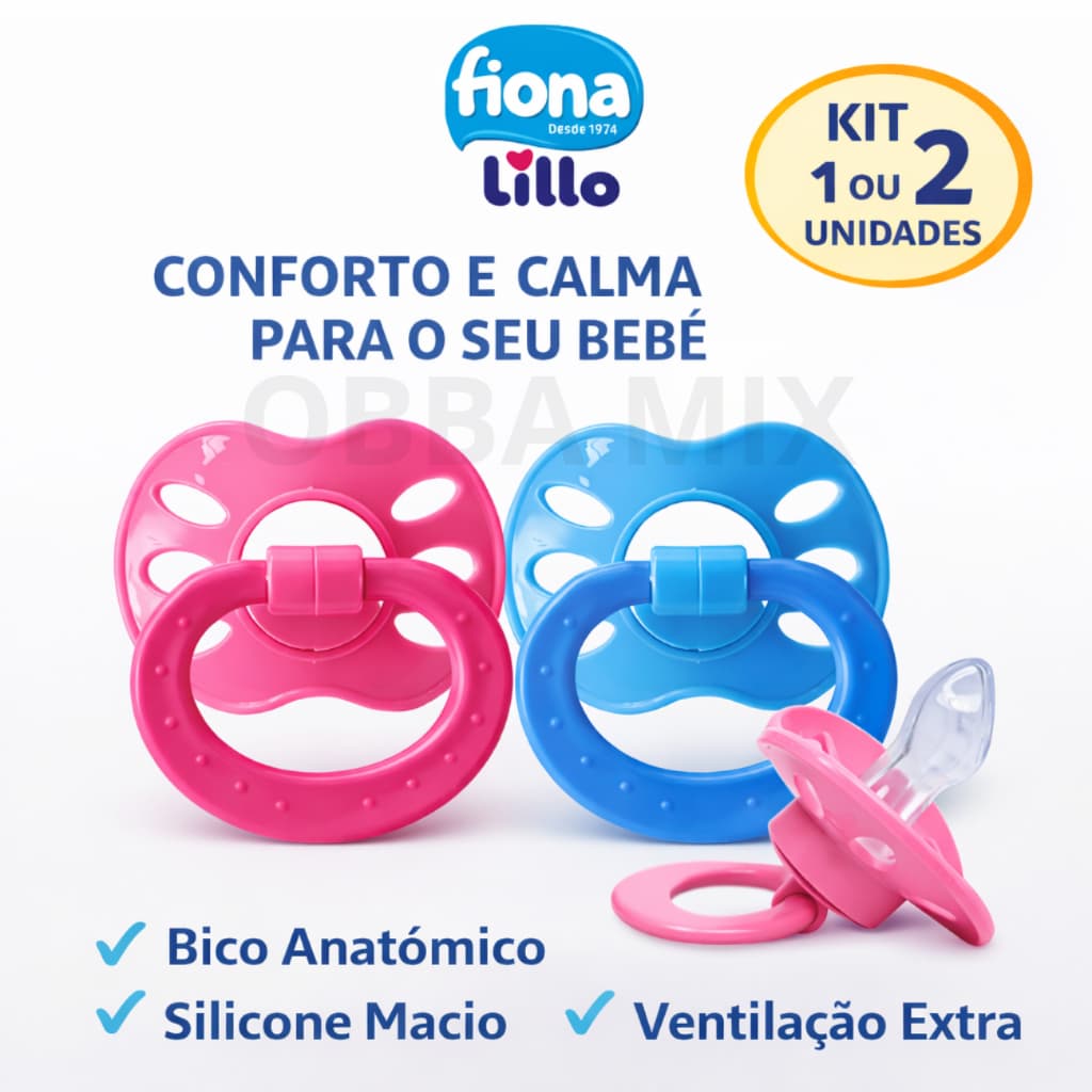 Chupeta Fiona Lillo Extra Air Silicone Anatômica – Kit 1 ou 2 Unidades Azul/Rosa 6+ Meses