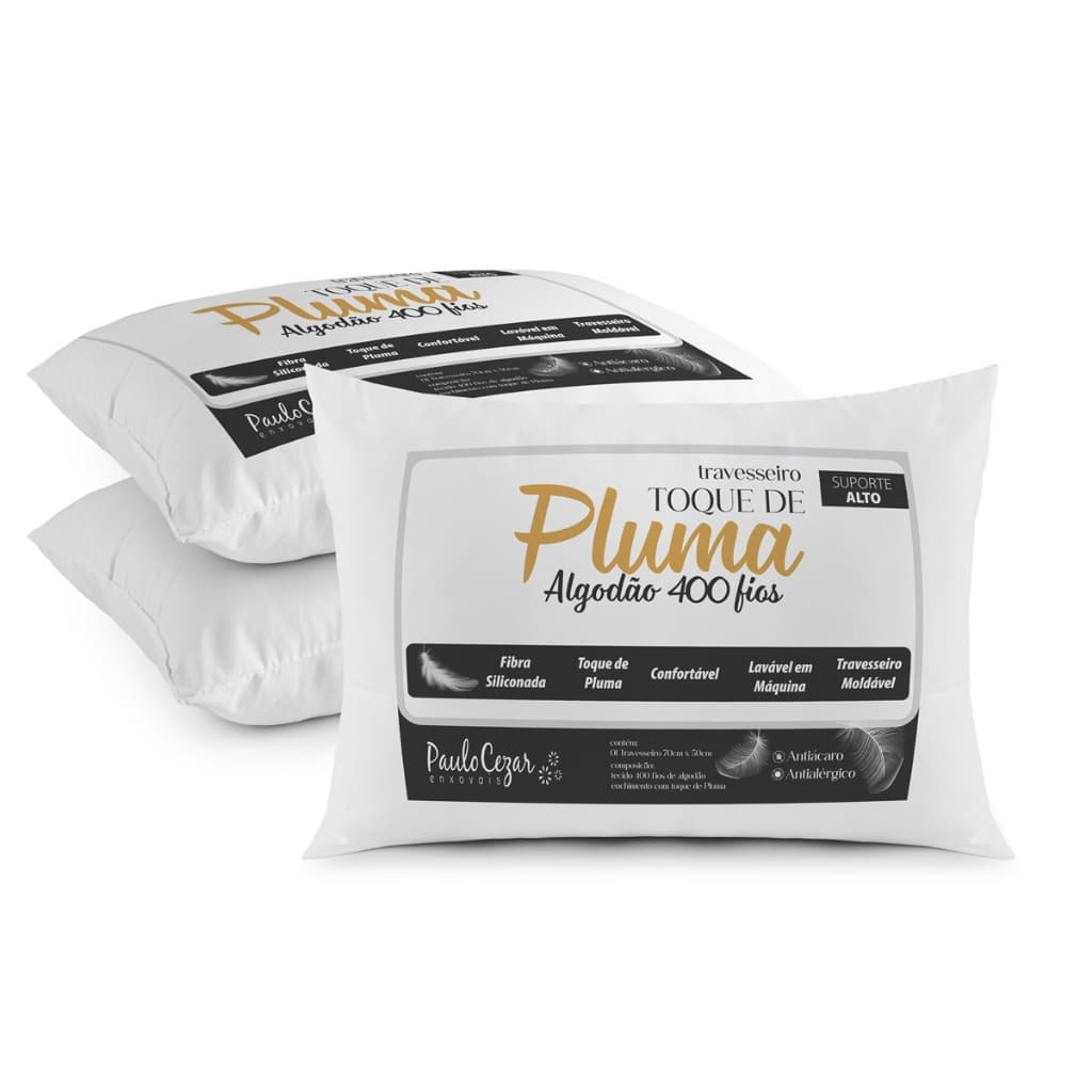 Kit 3 Travesseiro Toque De Pluma 400 Fios Toque Suave E Macio Branco