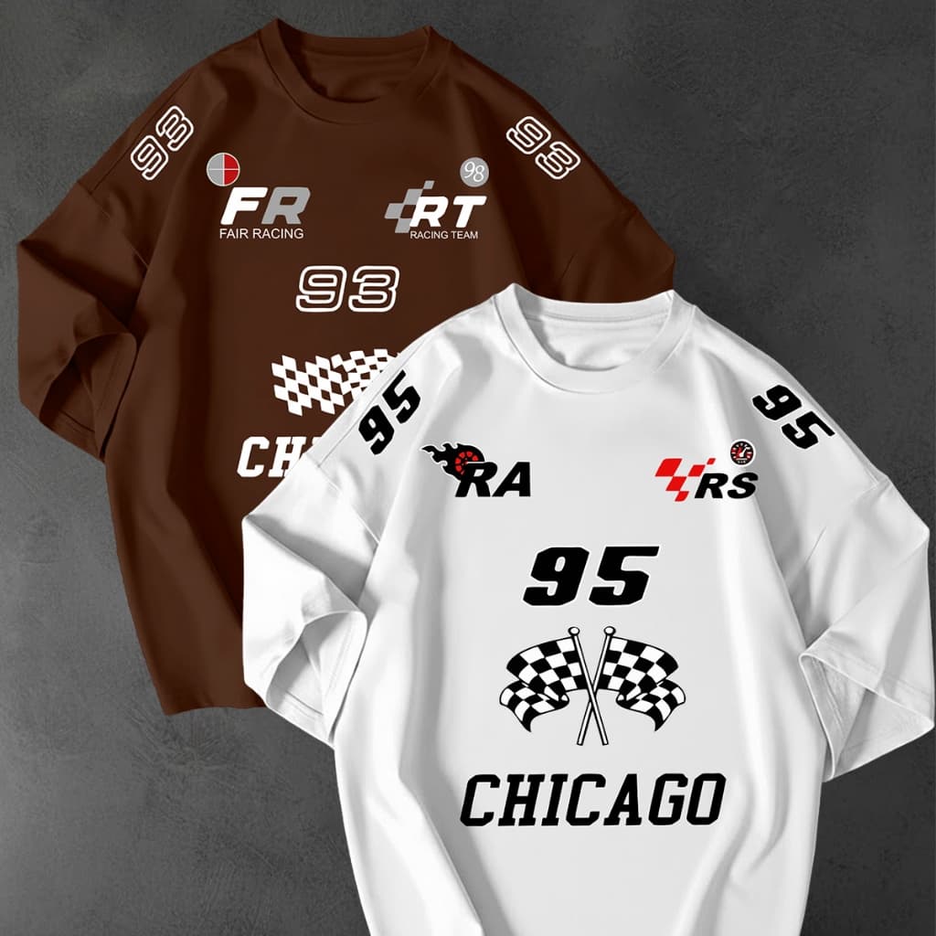Kit 2 Camisetao Oversized Streetwear Estampa Chicago Racing 95 93 Unissex Algodao Premium Fio 30.1