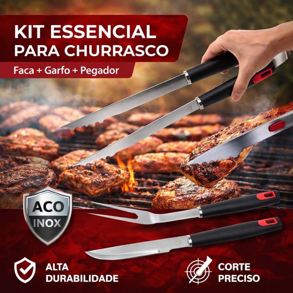 Conjunto Kit Churrasco 3 Peças Com Faca Garfo Pegador Moob Profissional