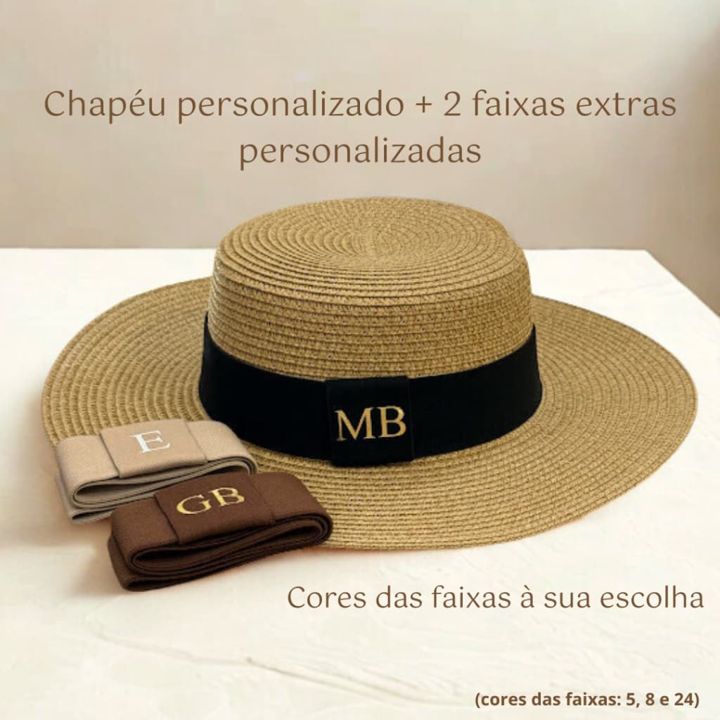 Chapéu personalizado feminino com duas faixas extras, praia palha nome letra inicial panamá
