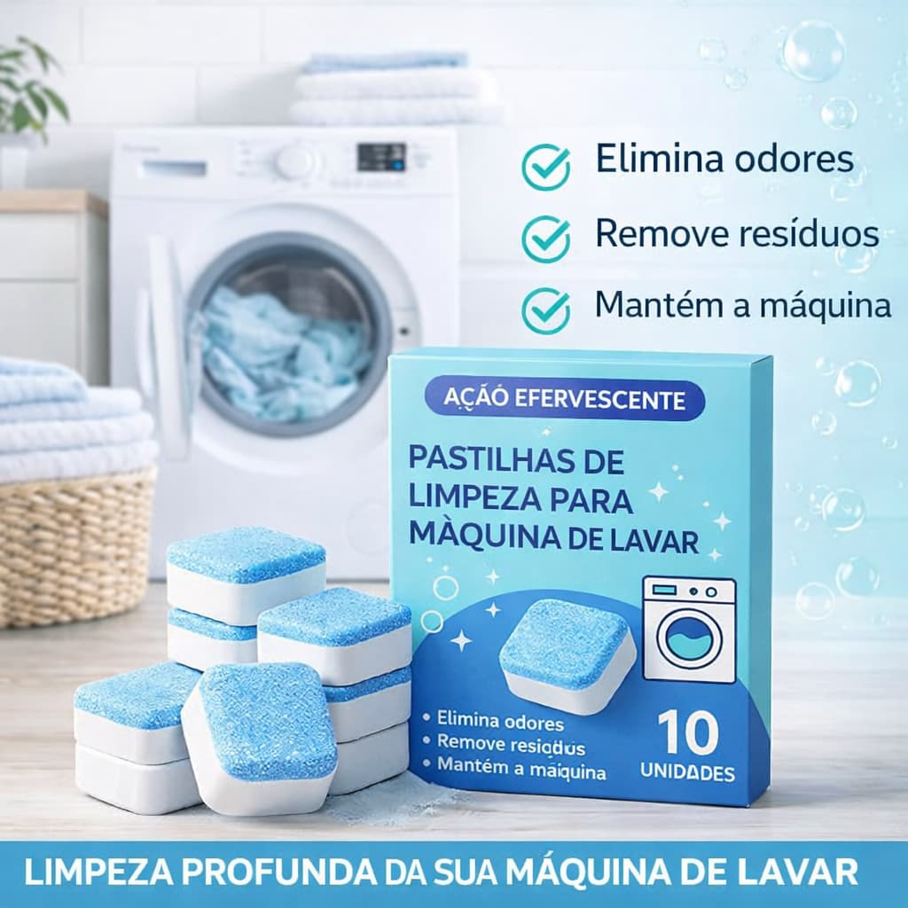 Kit 10 Pastilhas Efervescentes Limpeza Máquina de Lavar Remove Bactérias Limpeza Profunda Universal