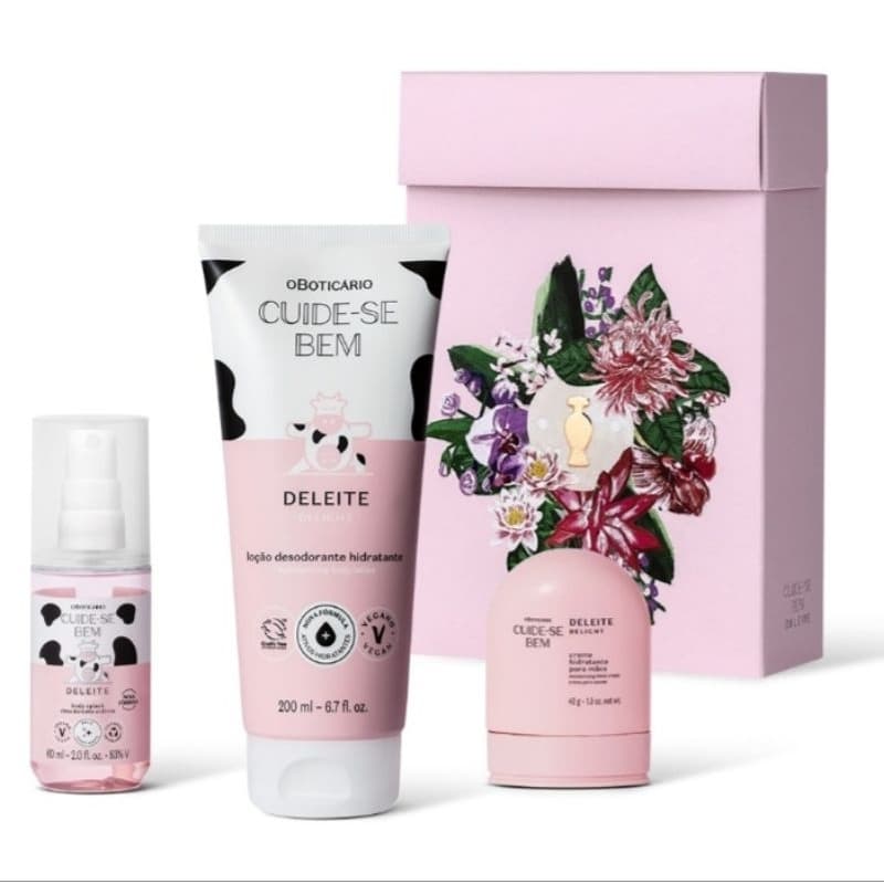 Presente Cuide-Se Bem Deleite Mães 2026 O Boticário com hidratante 200ml, body splash 60ml e creme de mãos 40gr