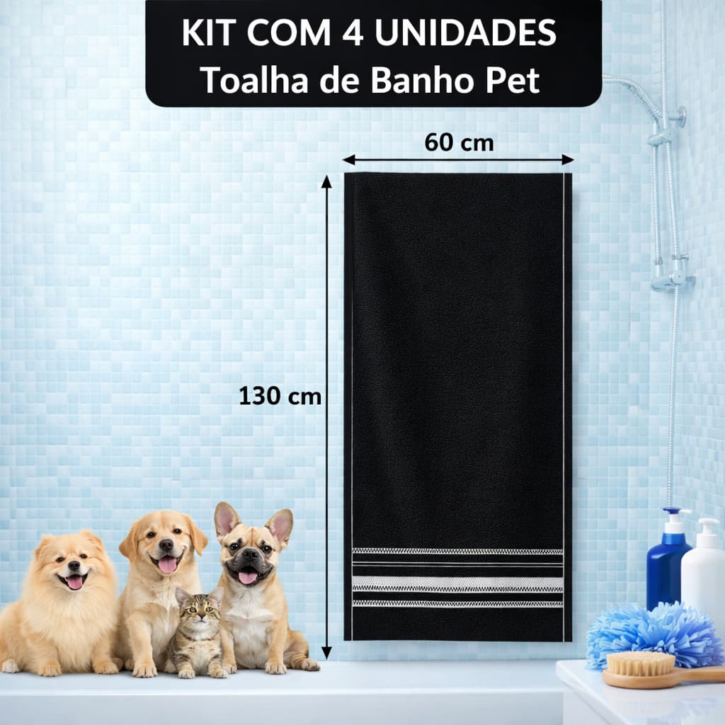 Kit 4 Toalhas Pet Shop Profissional Algodão Secagem Rápida para Cachorro e Gato Banho Pet