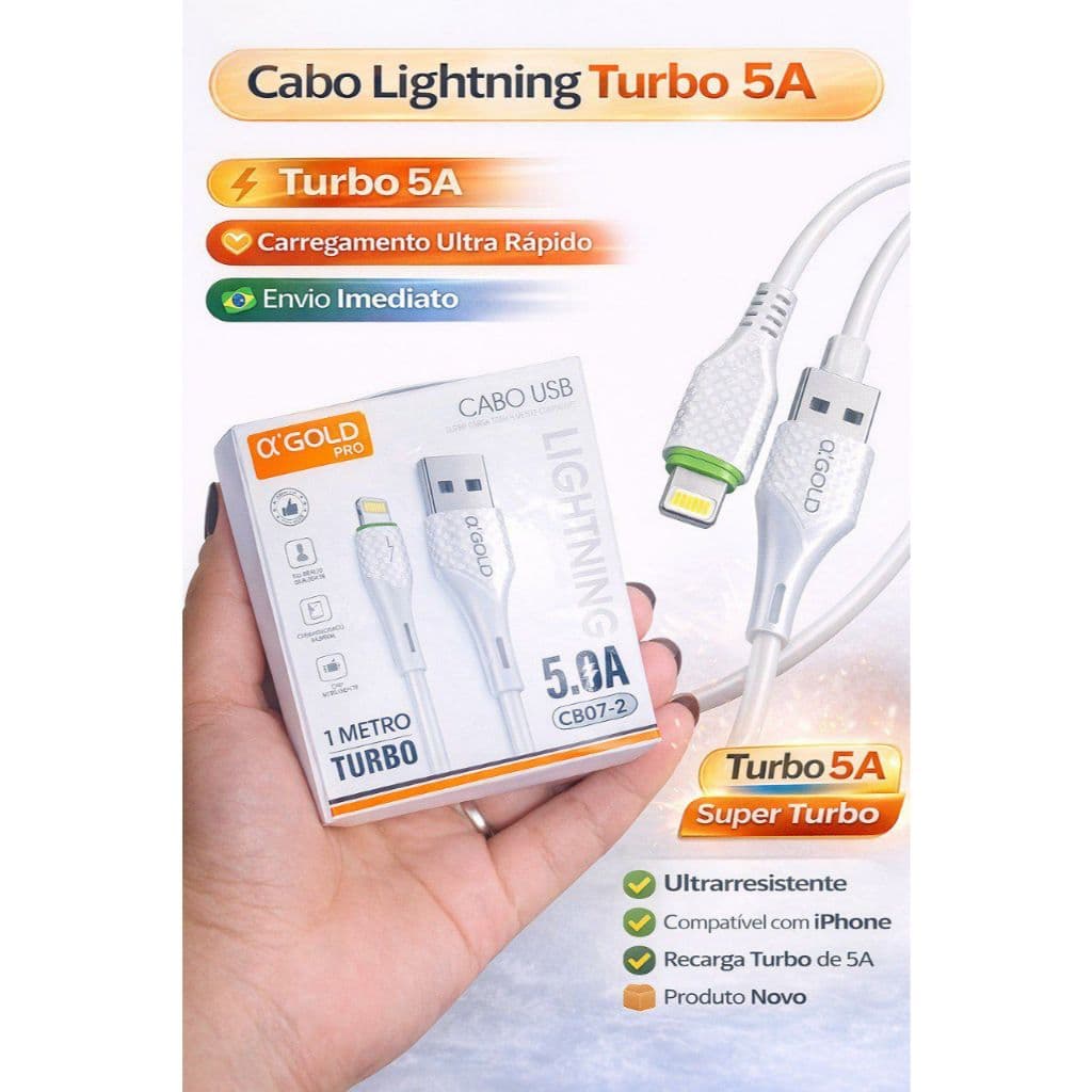 Cabo USB Lightning para iPhone 1 Metro 5A Carregamento Rápido A'Gold Pro