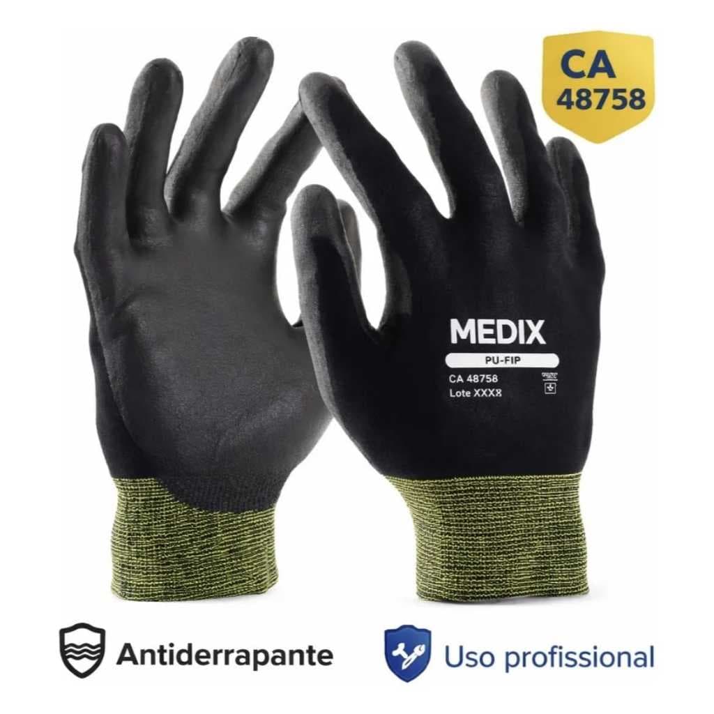 luva PU preta MEDIX 5 ou 12 pares M, G ou GG multiuso, pedreiro, mecanico, marceneiro