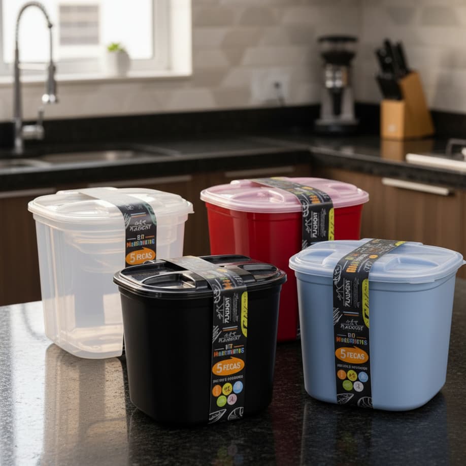 Kit 5 Potes Porta Mantimentos Cores Sortidas Plástico Cozinha Organização Grãos Alimentos