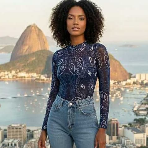 Body Tule Feminino Transparente, Body Bambi Animal Pint Tule Manga Longa Gola Alta Estampado