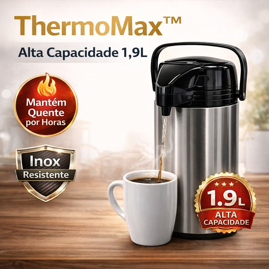 Garrafa Térmica ThermoMax™ Inox 1,9L Alta Capacidade Conserva Quente Frio Anti Vazamento