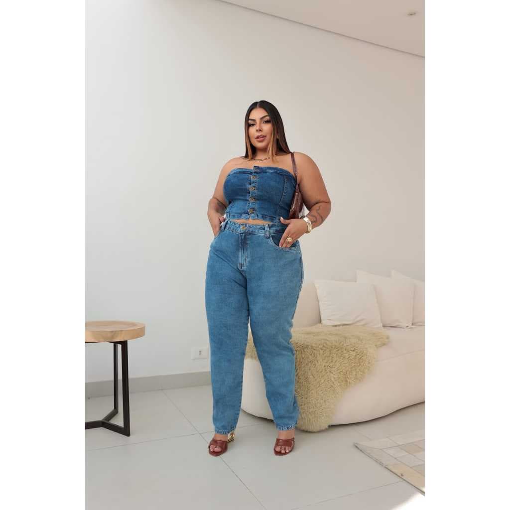 Cropped Feminino Jeans Plus Size Botões Frontais Tomara Que Caia Com Elastano G1, G2 e G3