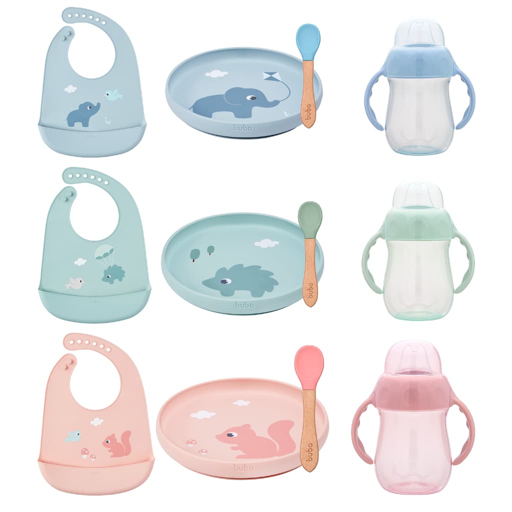 Kit Prato Silicone Buba Cloudy Ventosa + Copo + Babador + Colher Bambu