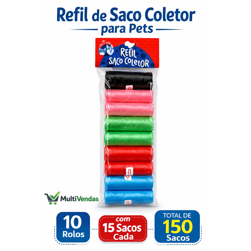 Refil Saco Coletor de Fezes para Cachorro 10 Rolos 150 Sacos Pet Dispenser Passeio