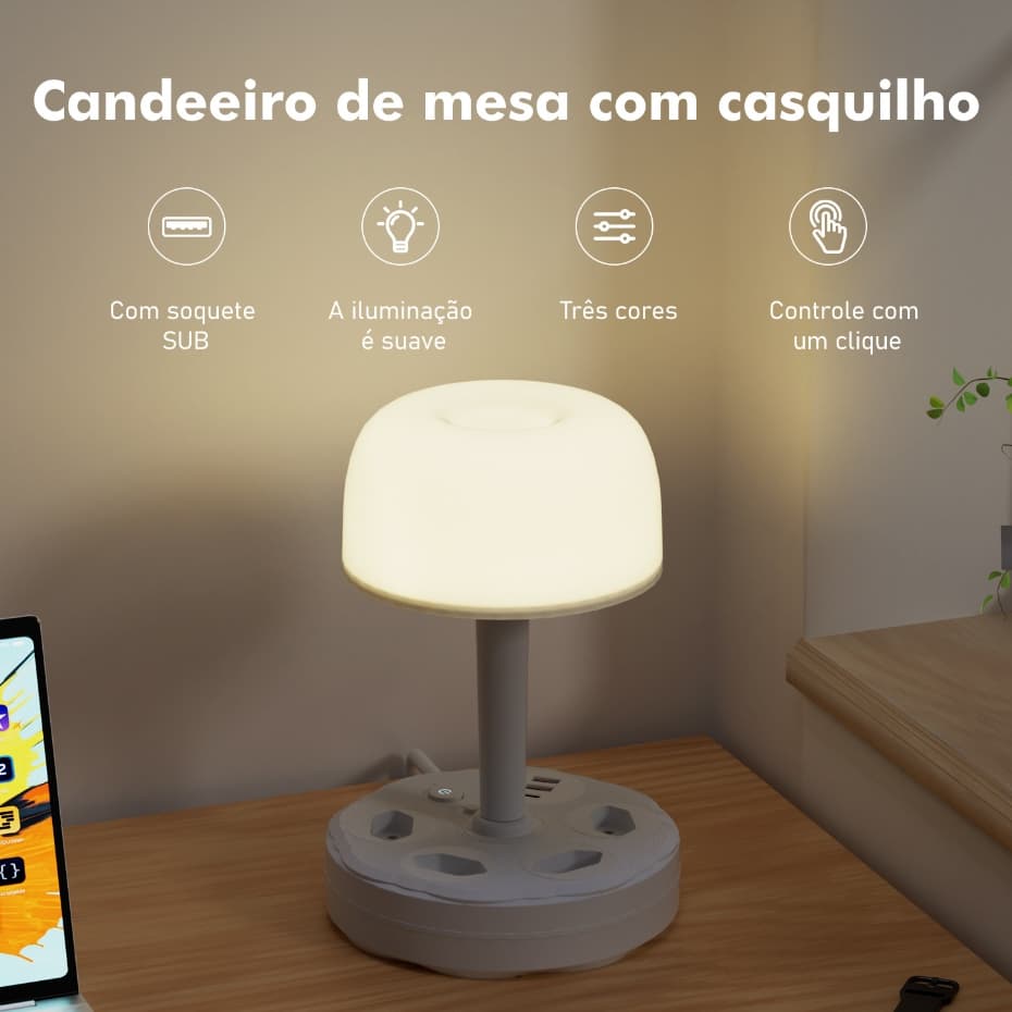 COIBEU Abajur de Mesa 2 em 1 com Tomada e USB | Luminária LED com 3 Temperaturas de Co