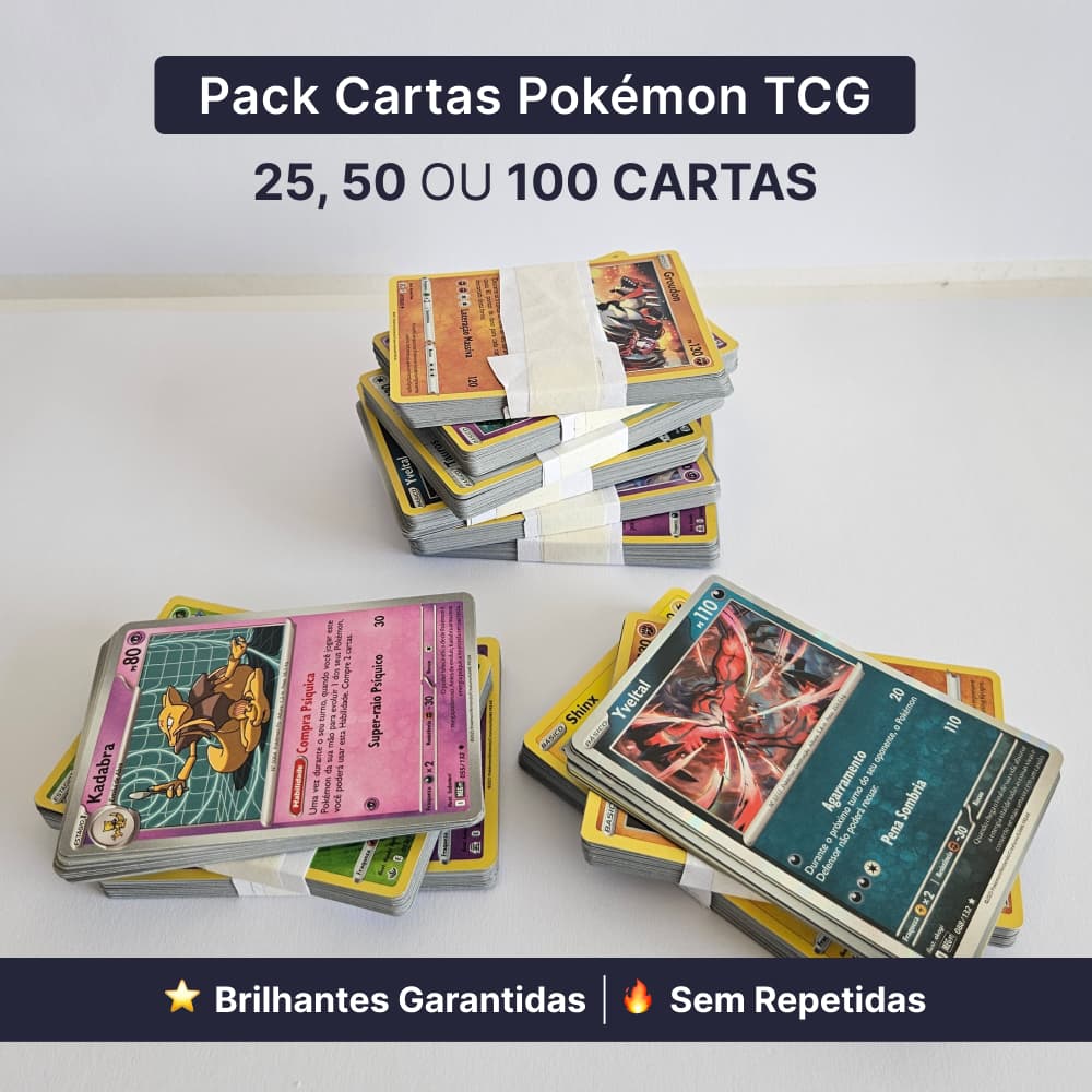 Pack Cartas Pokémon TCG | 25 50 ou 100 Cartas | Brilhantes Garantidas | Sem Repetidas Original Copag