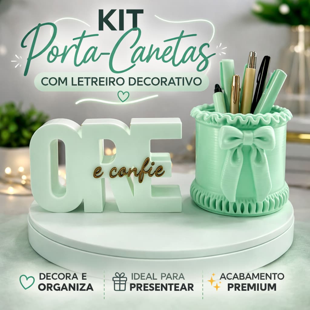kit Porta Pincel D Maquiagem Caneta Laço+Letreiro Ore e Confie decoração Organização  fé minimalista