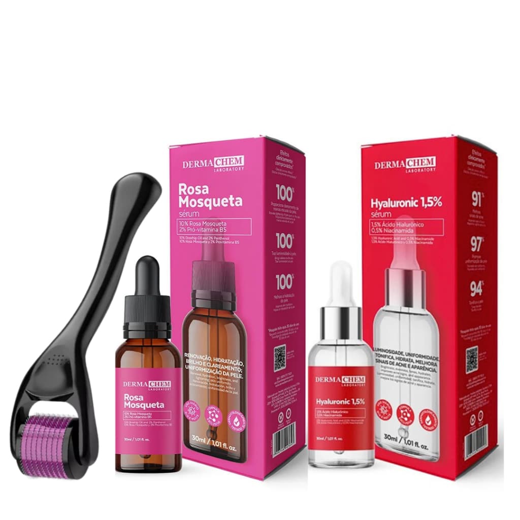 Kit Microagulhamento Com Ácido Hialurônico 1,5% Rosa Mosqueta Combate Previne Rugas Linha de Expressão