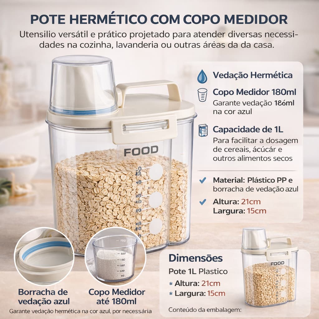 Pote Hermético para Alimentos,1L,Armazena Ração Cão/Gato/Passarinho, Cereais, Macarrão
