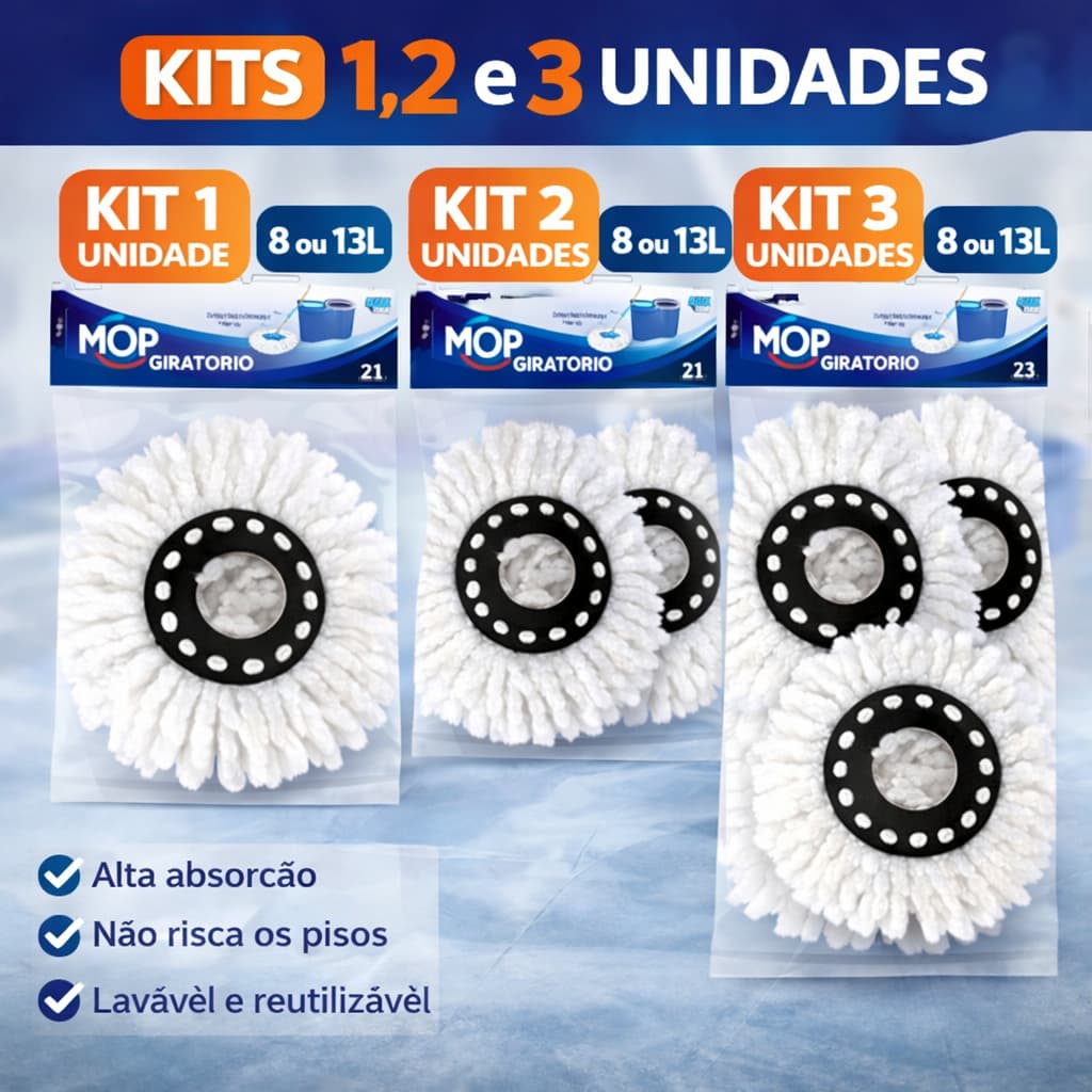 Refil Mop Giratório Microfibra 8L ou 13L Lavável Alta Absorção Kit 1 2 ou 3 Unidades