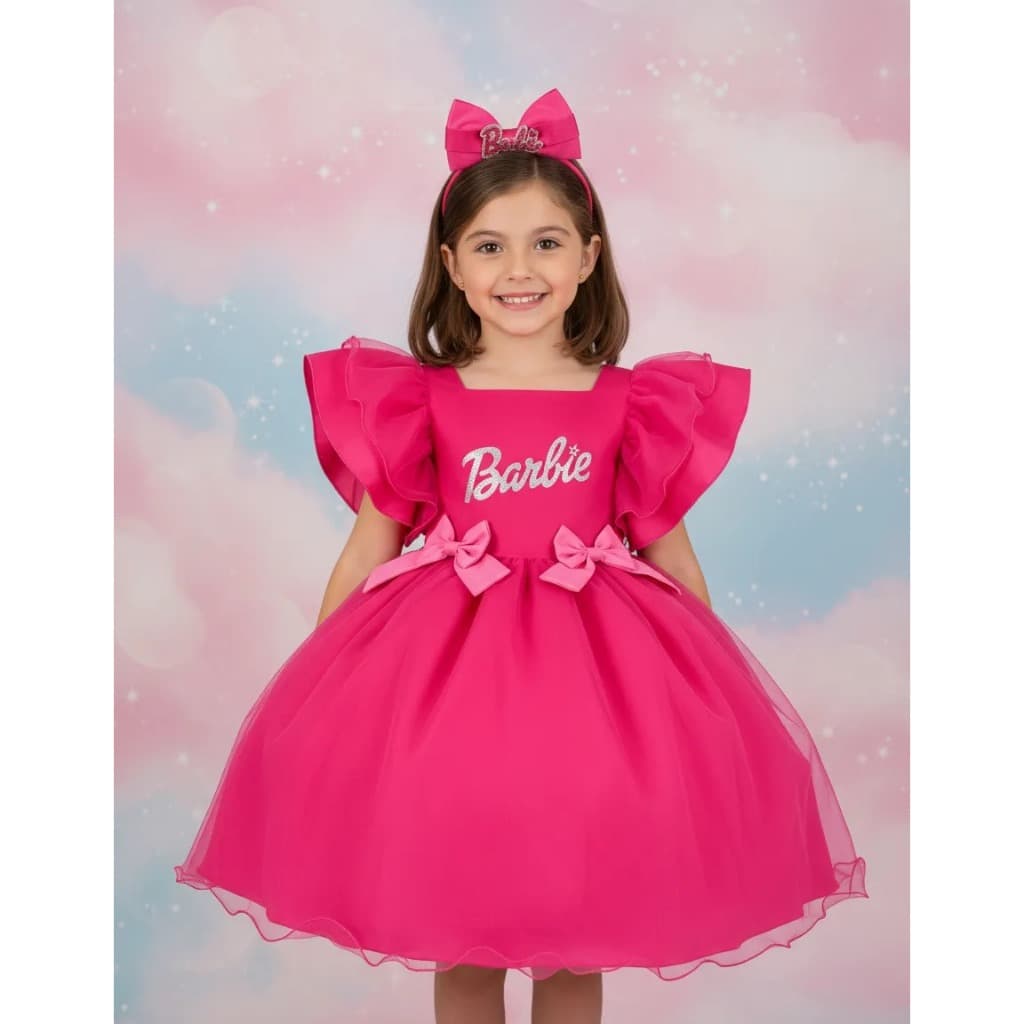 Vestido Barbie Pink Glitter 4 A 12 Anos Infantil Festa