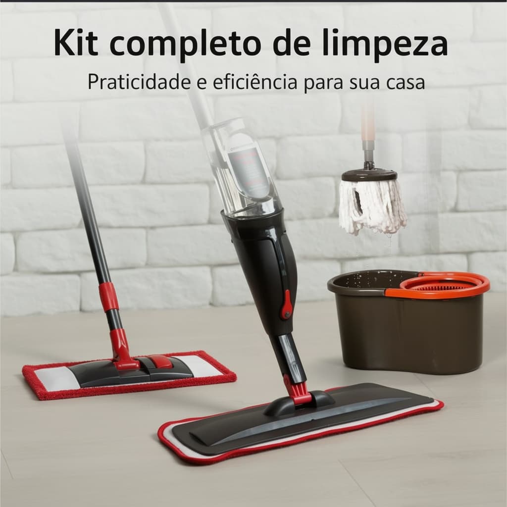 Mop Spray, Mop Giratório e Mop Flat para Limpeza