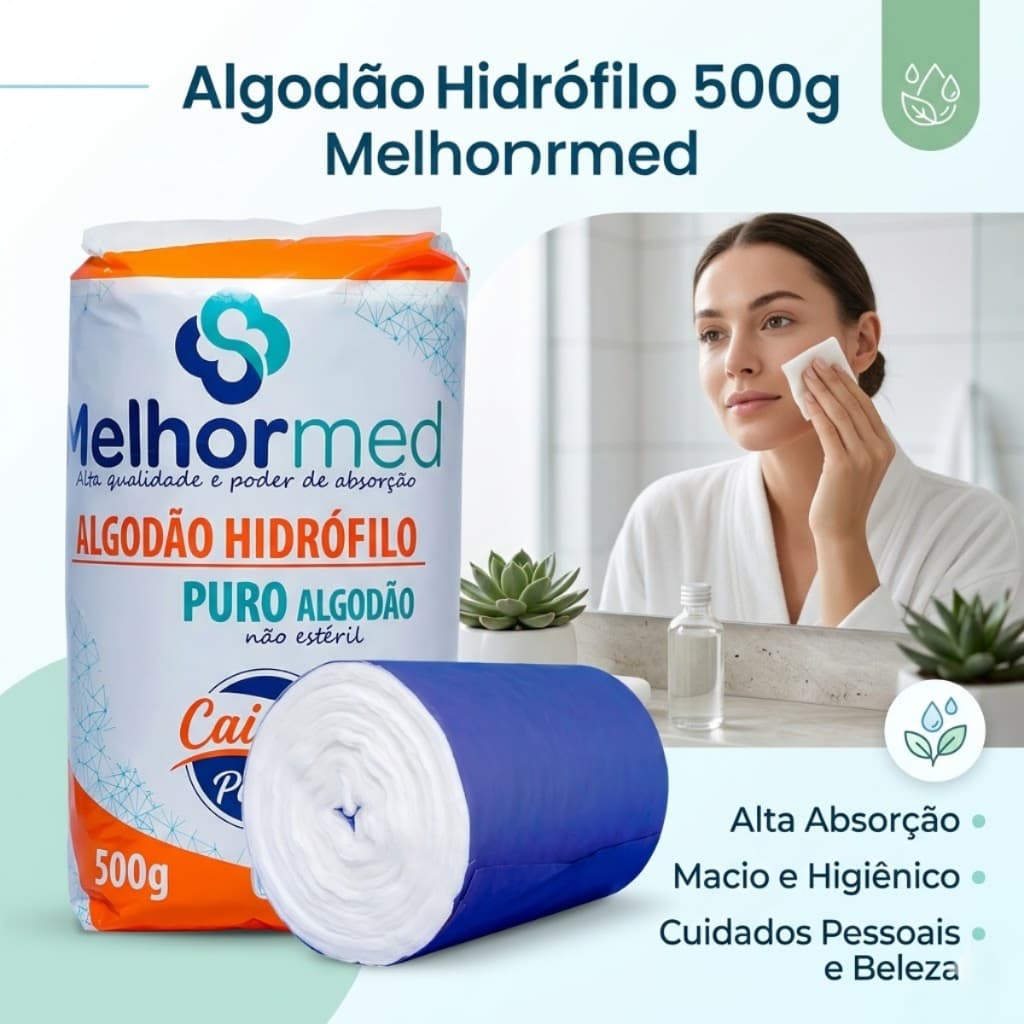 3x Algodão Hidrófilo Rolo 500g Melhormed Alta Absorção Macio Manicure Remoção de Esmalte e Cuidados