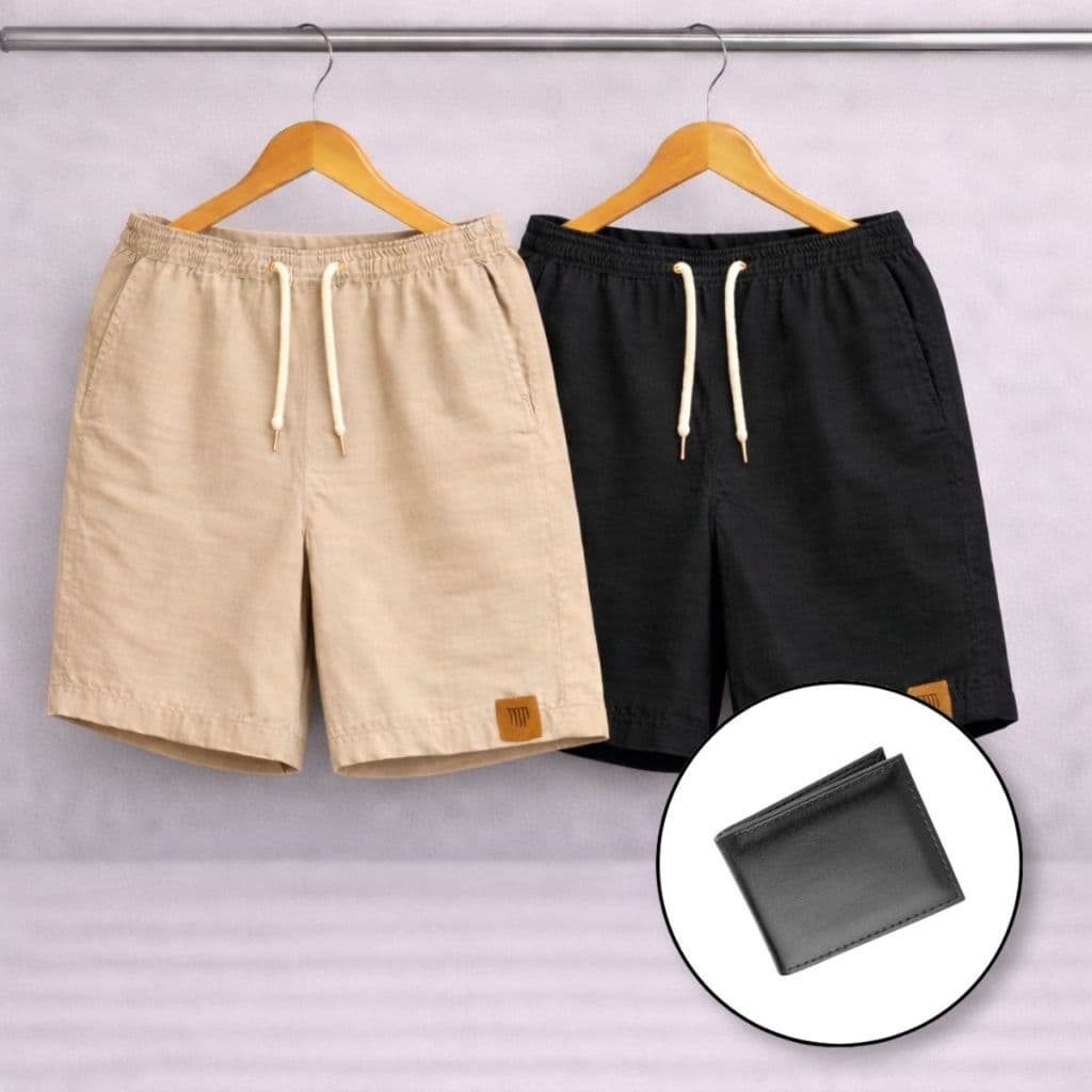 Kit 2 Shorts Linho Masculinos + Carteira Combo Verão Presente