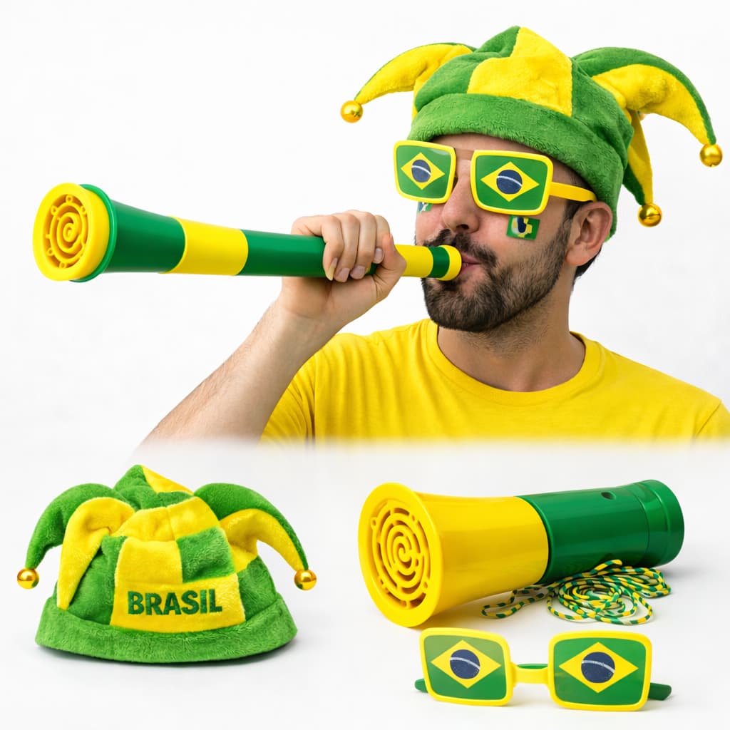 Kit Torcedor Brasil Copa Do Mundo Acessórios Completo Chapéu Temático, Óculos E Corneta