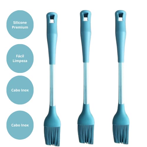 KIT 3 Peças Pincel Culinario Silicone Premium Cabo Inox Resistente ao Calor Fácil Limpar