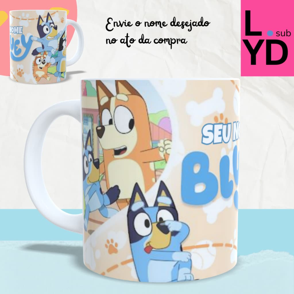 Caneca Personalizada Cachorrinha Azul com Nome | Caneca Infantil Polímero 325ml | Presente Criança