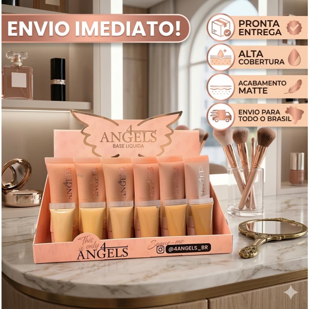 Base Líquida 4Angels 6 Cores Full Cover Alta Cobertura Matte Blindada 24h Resistente Água Efeito Filtro