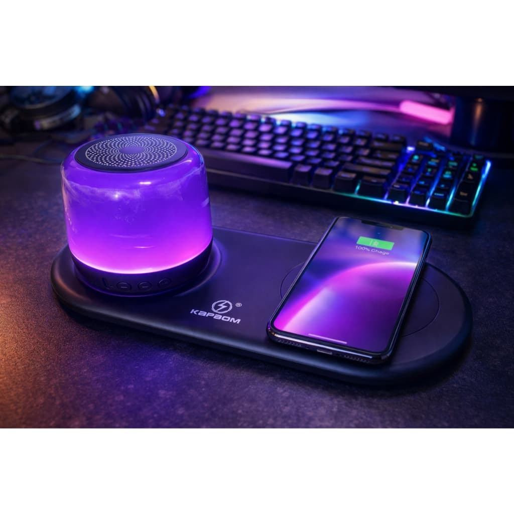 Carregador Sem Fio 3 em 1 com Caixa de Som Bluetooth e Luz RGB Base Wireless Rápida Universal