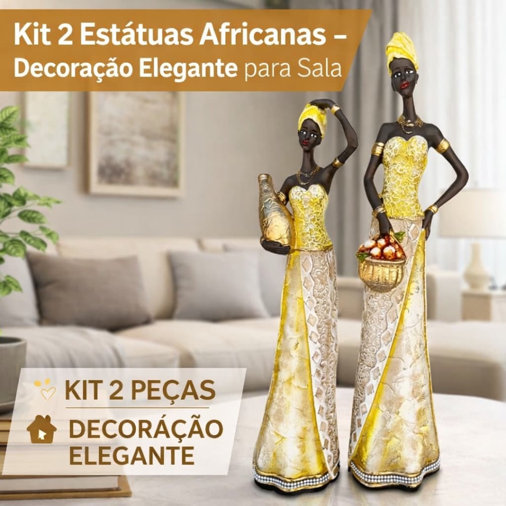 Estátua Africana Decorativa Luxo Kit 2 Peças – Escultura Elegante para Sala e Aparador