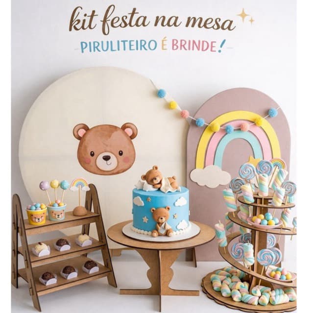 kit 5 peças festa na mesa mdf, painel redondo, painel picolé, escadinha, boleira, piruliteiro, pegue e monte, acervos
