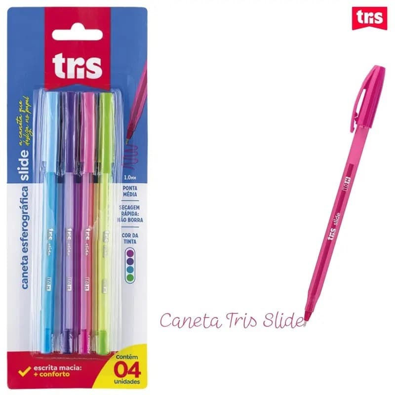 TRIS Caneta Esferográfica Slide Colorida ponta 1.0mm 4 unidades