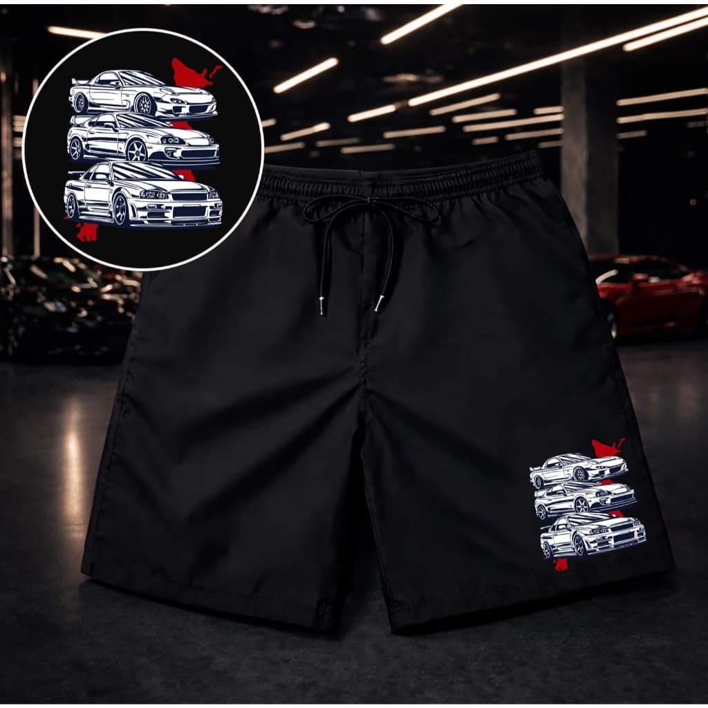 Bermuda Masculina Short Preto Tactel Estampado Carros Drift JDM  Para Academia Treino Futebol Praia