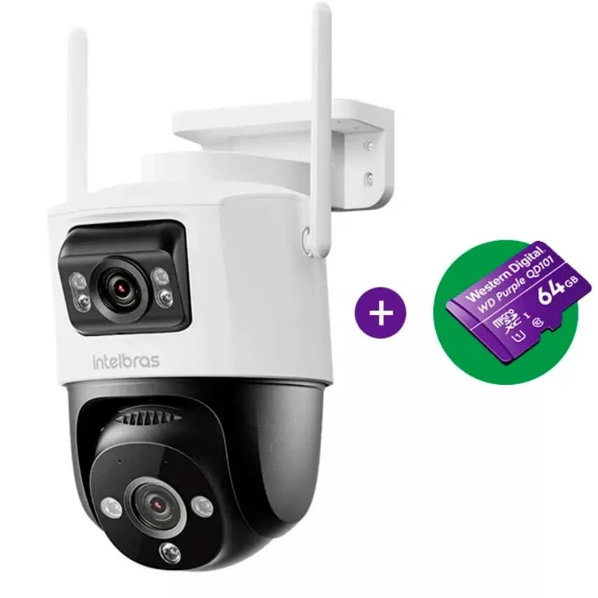 Câmera Wi-Fi Mini Speed Dome Dupla 360° Intelbras iM9+ Full Color 3MP Inteligente c/ Cartão de Memória 64GB WD Purple
