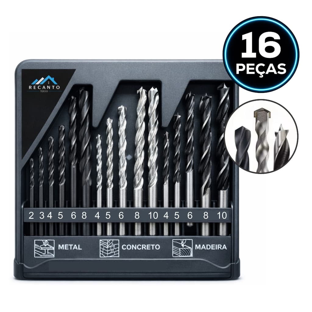 Kit Jogo de Brocas 16 Peças para Madeira Metal Concreto — Completo Multiuso para Furadeira com Estojo
