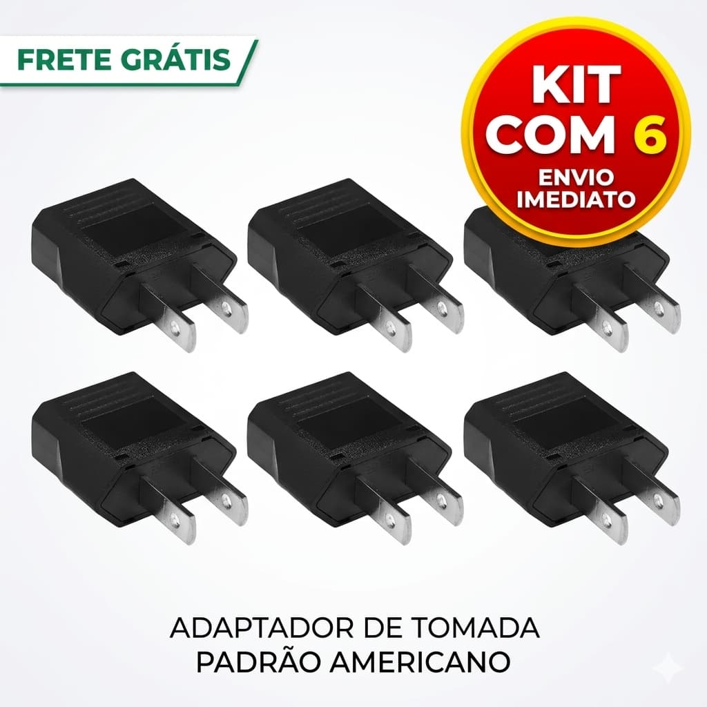 KIT 6 ADAPTADOR TOMADA PADRÃO AMERICANO PINO REDONDO PARA CHATO
