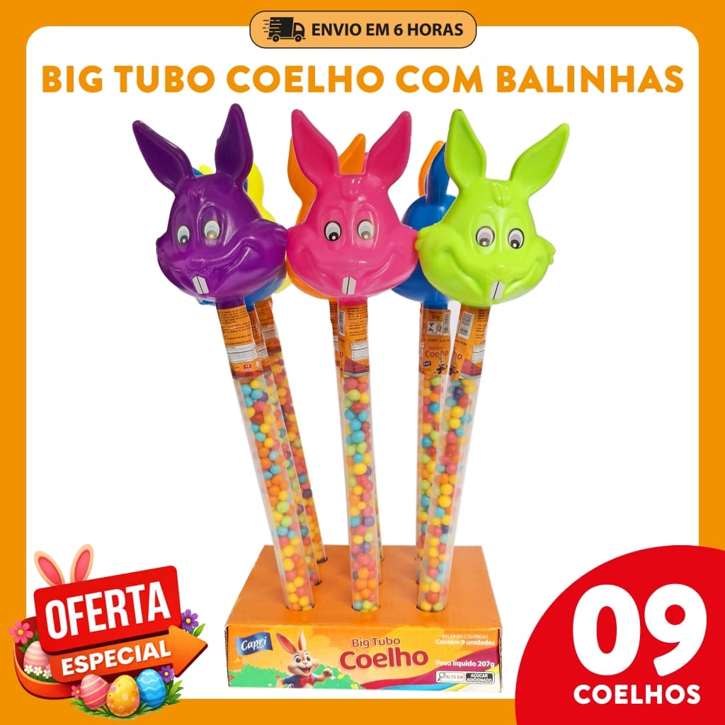 Big Tubo Coelho com Balinhas Coloridas – 9 Unidades, Capri Toys – Lembrancinhas, Festa Infantil e Páscoa