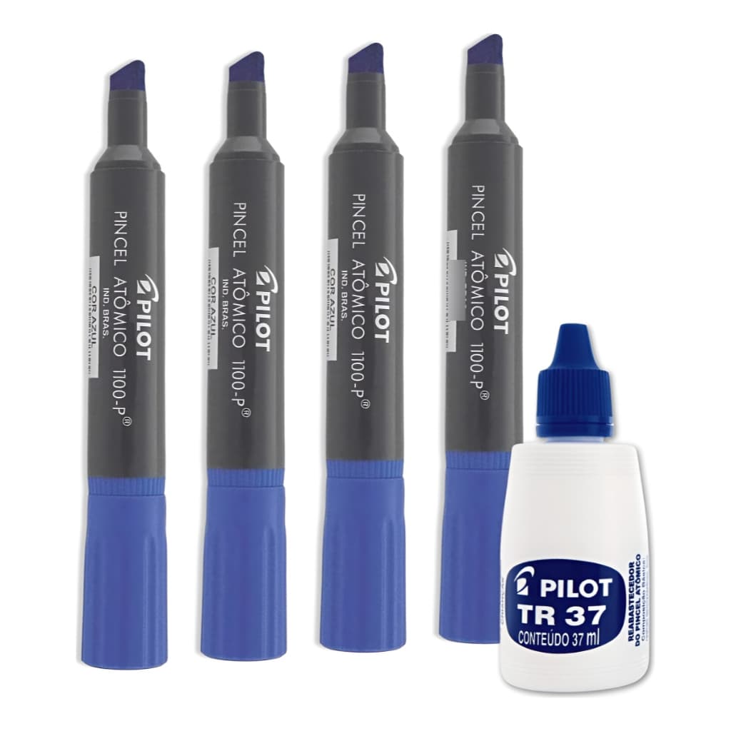 Kit Pincel Atomico Permanente Pilot 1100P 4 Und + Refil Tinta TR37 37ml Marcador Multiuso Geral