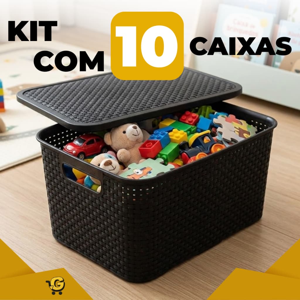 Kit 10 Cestos Rattan 7L com Tampa Organizadores Coloridos Multiuso