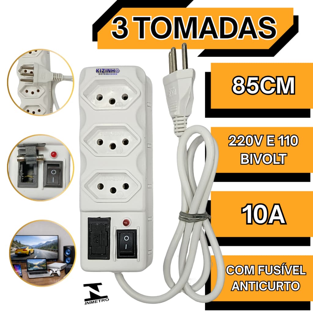 Filtro de Linha 3 Tomadas Régua Elétrica Branca 10A 85cm Bivolt 110v 220v Com Fusível de Proteção 3A